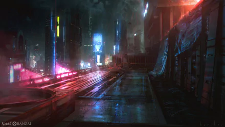 Futuristic cyberpunk cityscape at night with neon lights and sleek architecture, captured in a high-definition sci-fi urban environment.