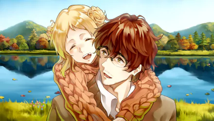 HD PC desktop wallpaper: anime-style Olivia Webster and Oscar Webster, Violet Evergarden–inspired, embrace by a reflective lake amid autumn hills, warm scarves and soft sunlight.