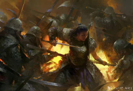 A fierce woman samurai warrior clad in armor battles multiple armored foes amidst flames in a dynamic fantasy HD PC desktop wallpaper.
