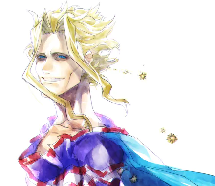 All Might from My Hero Academia in a watercolor-style portrait, smiling with flowing hair and cape — 4K Ultra HD anime PC desktop wallpaper background.