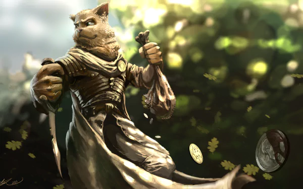 HD PC desktop wallpaper featuring a Khajiit warrior from The Elder Scrolls V: Skyrim, poised with a dagger and bag of coins in a vibrant, sunlit forest setting.