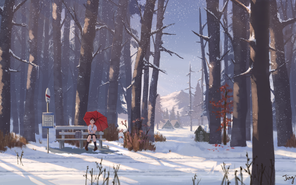 Anime Winter Snow Umbrella Forest Short Hair Red Hair Blue Eyes HD Wallpaper | Background Image