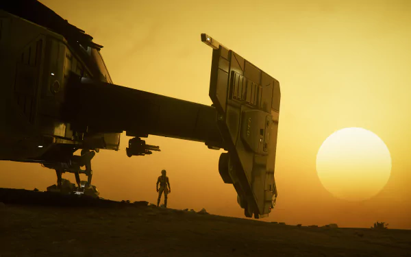 4K Ultra HD PC desktop wallpaper featuring a Star Citizen spaceship and a lone figure silhouetted against a golden sunset in a video game landscape.