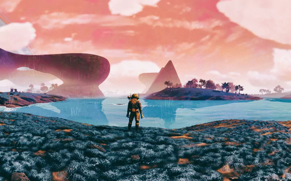 No Man's Sky 4K Ultra HD PC desktop wallpaper/background: lone spacesuit explorer on an alien shoreline by a turquoise lagoon, surreal rock arches and a pink, cloud-streaked sky.