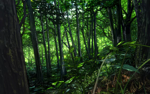 Anime-style forest scene in HD, showcasing lush green foliage and tall trees, creating a tranquil atmosphere. This image serves as a beautiful desktop wallpaper and background.