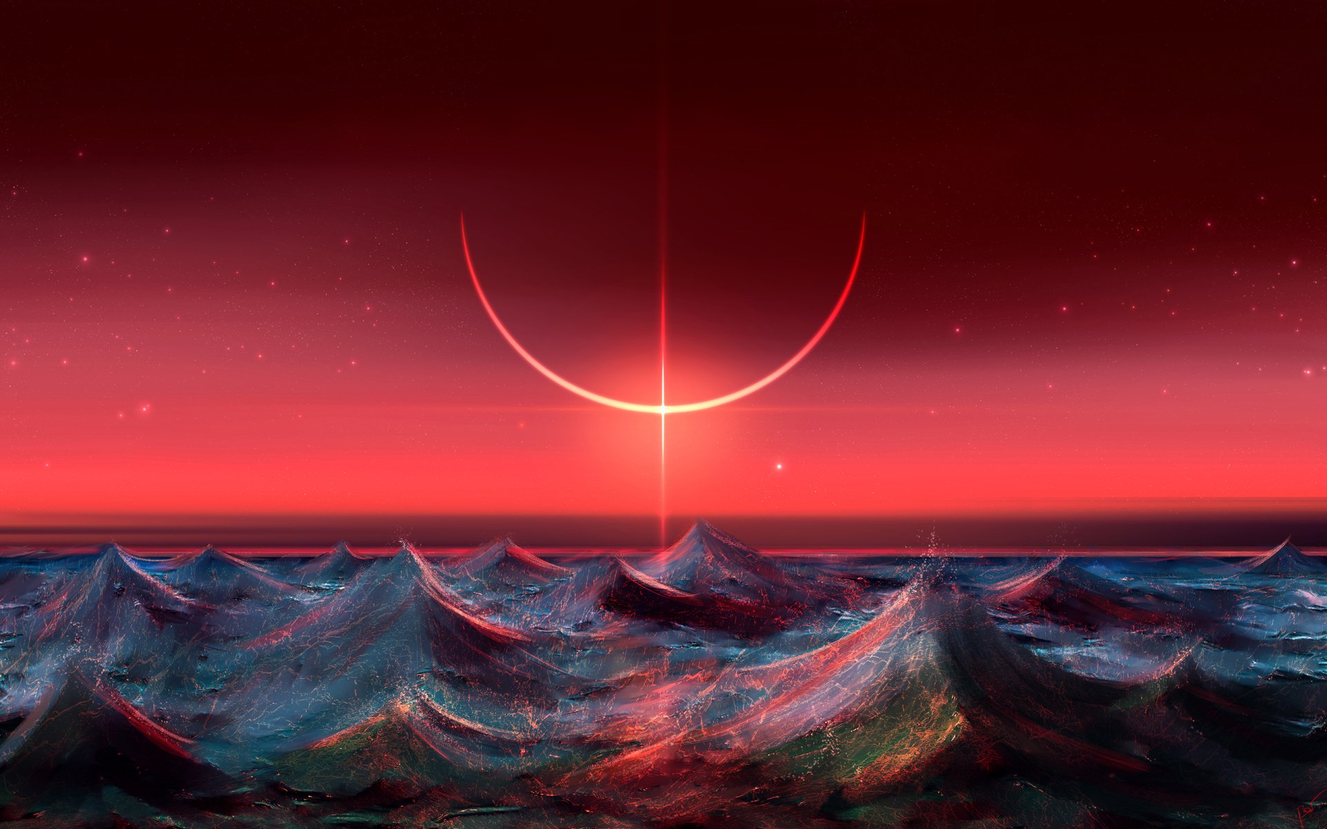 Artistic HD desktop wallpaper featuring an eclipse over a vibrant red sky and an ocean with dynamic waves.