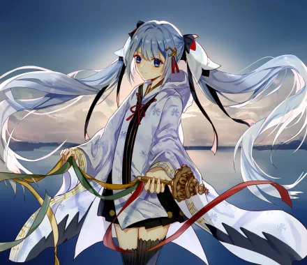 Hatsune Miku anime Vocaloid in a flowing white kimono, holding an ornate hilt with colorful ribbons, long aqua twin tails against a cloudy sky — 2K Quad HD PC desktop wallpaper/background.