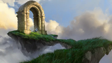 HD fantasy desktop wallpaper depicting a knight standing beneath an ancient stone arch on a floating grassy cliff surrounded by clouds.