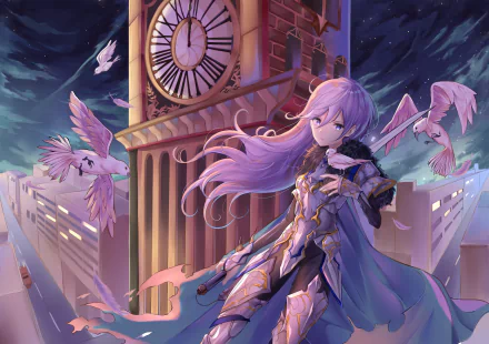Anime-style wallpaper featuring a character with purple eyes and hair standing against a cityscape with a large clock tower and birds in flight. The scene has a detailed, high-definition quality.