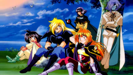 HD anime wallpaper featuring Zelgadiss Graywords, Xelloss Metallium, Lina Inverse, Gourry Gabriev, and Amelia Wil Tesla Seyruun from Slayers series in a vibrant outdoor setting.