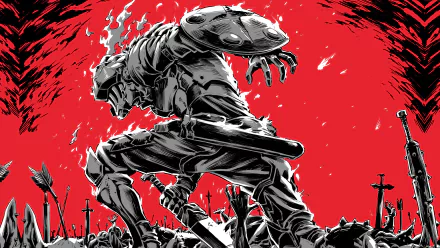 HD desktop wallpaper featuring the armored character Goblin Slayer from the anime, against a vivid red background with black accents and scattered weapons.