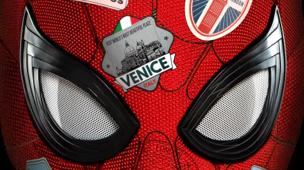 HD desktop wallpaper from Spider-Man: Far From Home featuring a close-up of Spider-Man's suit with Venice-themed patches.