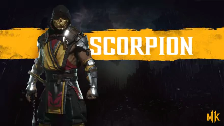 HD desktop wallpaper of Scorpion from Mortal Kombat 11, featuring the character in his iconic outfit with Scorpion written in bold letters on a dynamic background. Tags: Scorpion (Mortal Kombat), video game.