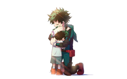 HD PC wallpaper featuring Izuku Midoriya from the anime My Hero Academia, showing an emotional embrace between two characters on a white background.