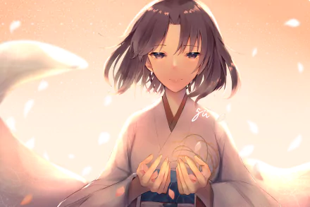 HD anime desktop wallpaper featuring Shiki Ryougi from The Garden of Sinners, wearing a kimono with short hair, surrounded by soft glowing light and petals.