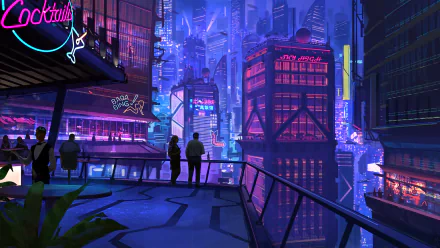 A futuristic cyberpunk cityscape at night viewed from a rooftop, with neon lights illuminating towering buildings and people silhouetted against the vibrant urban background. HD desktop wallpaper.