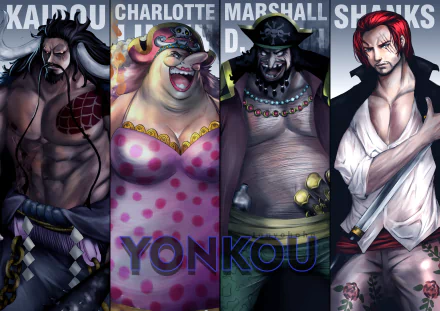 HD anime desktop wallpaper featuring the Yonko from One Piece: Kaido, Charlotte Linlin, Marshall D. Teach, and Shanks in dynamic, detailed portraits.