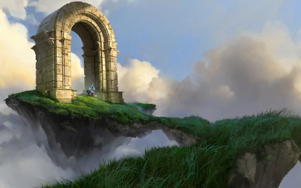 HD fantasy desktop wallpaper depicting a knight standing beneath an ancient stone arch on a floating grassy cliff surrounded by clouds.
