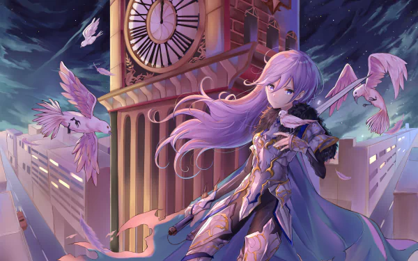 Anime-style wallpaper featuring a character with purple eyes and hair standing against a cityscape with a large clock tower and birds in flight. The scene has a detailed, high-definition quality.