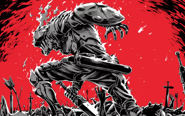 HD desktop wallpaper featuring the armored character Goblin Slayer from the anime, against a vivid red background with black accents and scattered weapons.