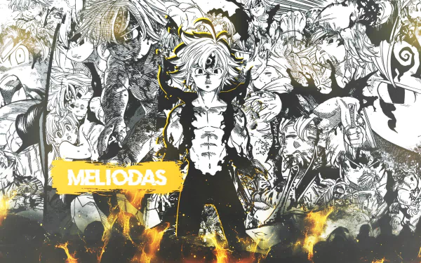 HD desktop wallpaper of Meliodas from the anime The Seven Deadly Sins, set against a background featuring various characters from the series, with a fiery theme at the bottom.