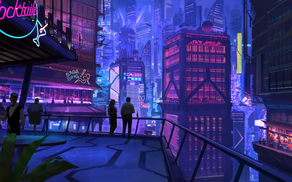A futuristic cyberpunk cityscape at night viewed from a rooftop, with neon lights illuminating towering buildings and people silhouetted against the vibrant urban background. HD desktop wallpaper.