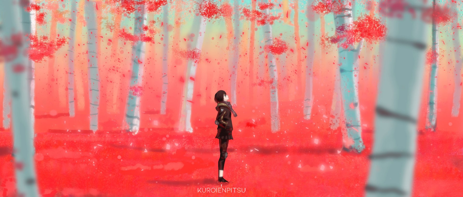 HD anime-style forest scene with a solitary figure standing amid white trees and vibrant red foliage, designed as an original PC desktop wallpaper and background.