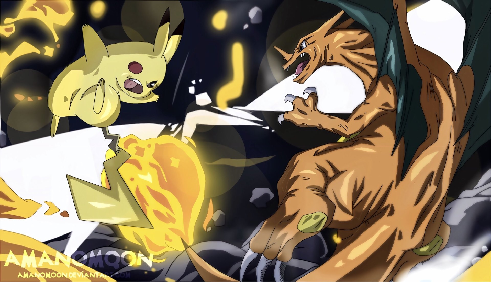 HD PC desktop wallpaper featuring dynamic anime-style artwork of Pokémon Charizard and Pikachu engaged in an intense battle.