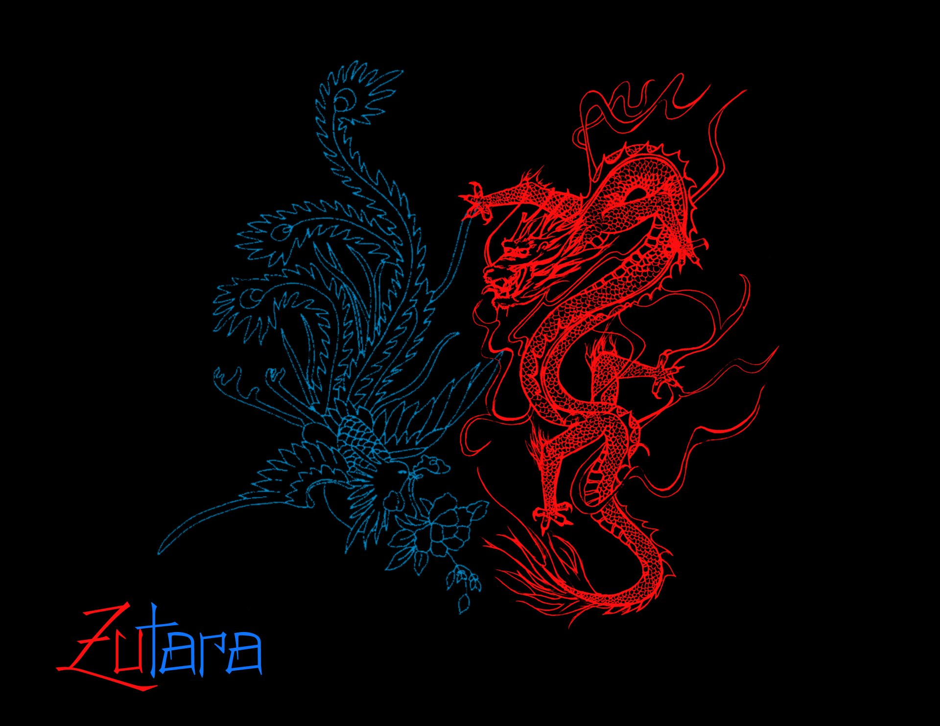 HD PC desktop wallpaper featuring a stylized red dragon and blue phoenix from Avatar: The Last Airbender in vibrant anime-inspired design.