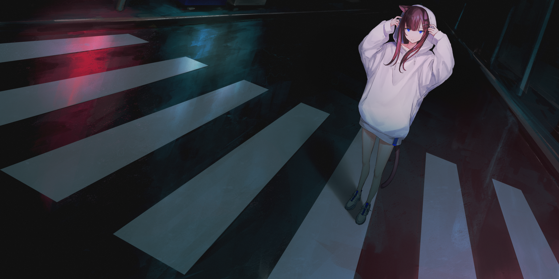 HD anime wallpaper of a red-haired character with blue eyes and pointed ears, wearing a hoodie and standing on a dark street with illuminated crosswalk stripes. The character also has a tail.