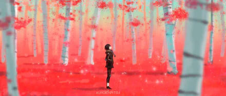 HD anime-style forest scene with a solitary figure standing amid white trees and vibrant red foliage, designed as an original PC desktop wallpaper and background.