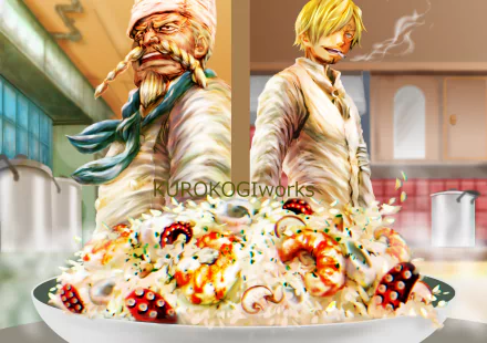 2K Quad HD PC desktop wallpaper of Zeff and Sanji (One Piece) in a kitchen, posing behind a towering seafood risotto — bold One Piece anime artwork.