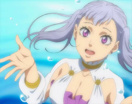 A vibrant HD desktop wallpaper featuring Noelle Silva from the anime Black Clover, showcasing her joyful expression against a serene blue background with bubbles.