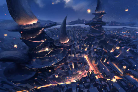 A stunning 4K Ultra HD wallpaper from the comic GhostBlade, showcasing a mystical cityscape with towering spires and a twilight sky filled with flickering lights.