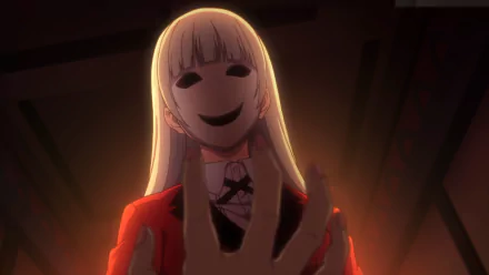 HD PC desktop wallpaper featuring Ririka Momobami from the anime Kakegurui, with a dark, eerie atmosphere and her signature mask and red uniform.