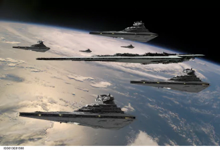 A fleet of Star Destroyers from Star Wars hovering above a planet's atmosphere. This HD desktop wallpaper captures the massive spacecraft against the backdrop of space and Earth.