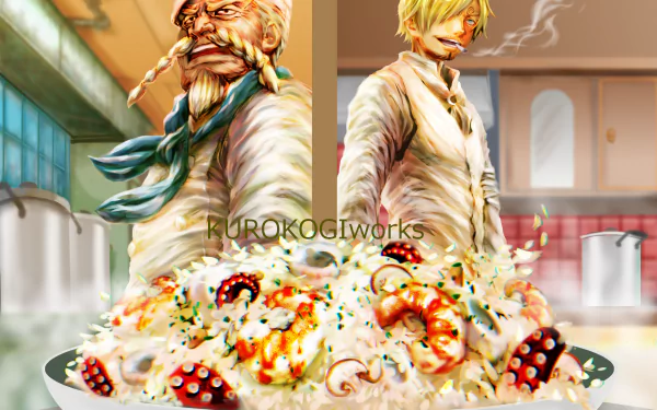 2K Quad HD PC desktop wallpaper of Zeff and Sanji (One Piece) in a kitchen, posing behind a towering seafood risotto — bold One Piece anime artwork.