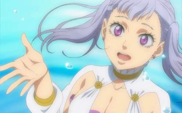 A vibrant HD desktop wallpaper featuring Noelle Silva from the anime Black Clover, showcasing her joyful expression against a serene blue background with bubbles.