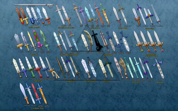 4K Ultra HD PC desktop wallpaper featuring a collection of swords from The Legend of Zelda video game series displayed on a textured blue background.