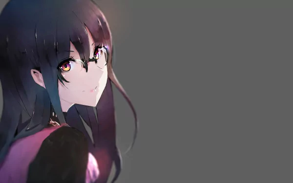 A high-definition desktop wallpaper featuring an original anime character with glasses, dark hair, and vibrant eyes, set against a minimalist gray background.