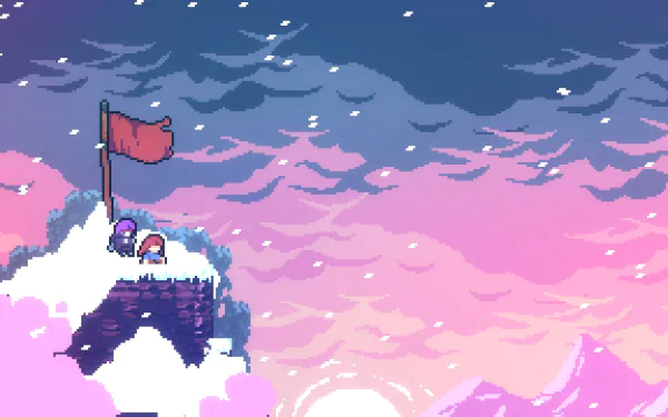 Pixel art from the video game Celeste showing a character standing beside a red flag on a mountain peak against a colorful sky, designed as an HD PC desktop wallpaper.