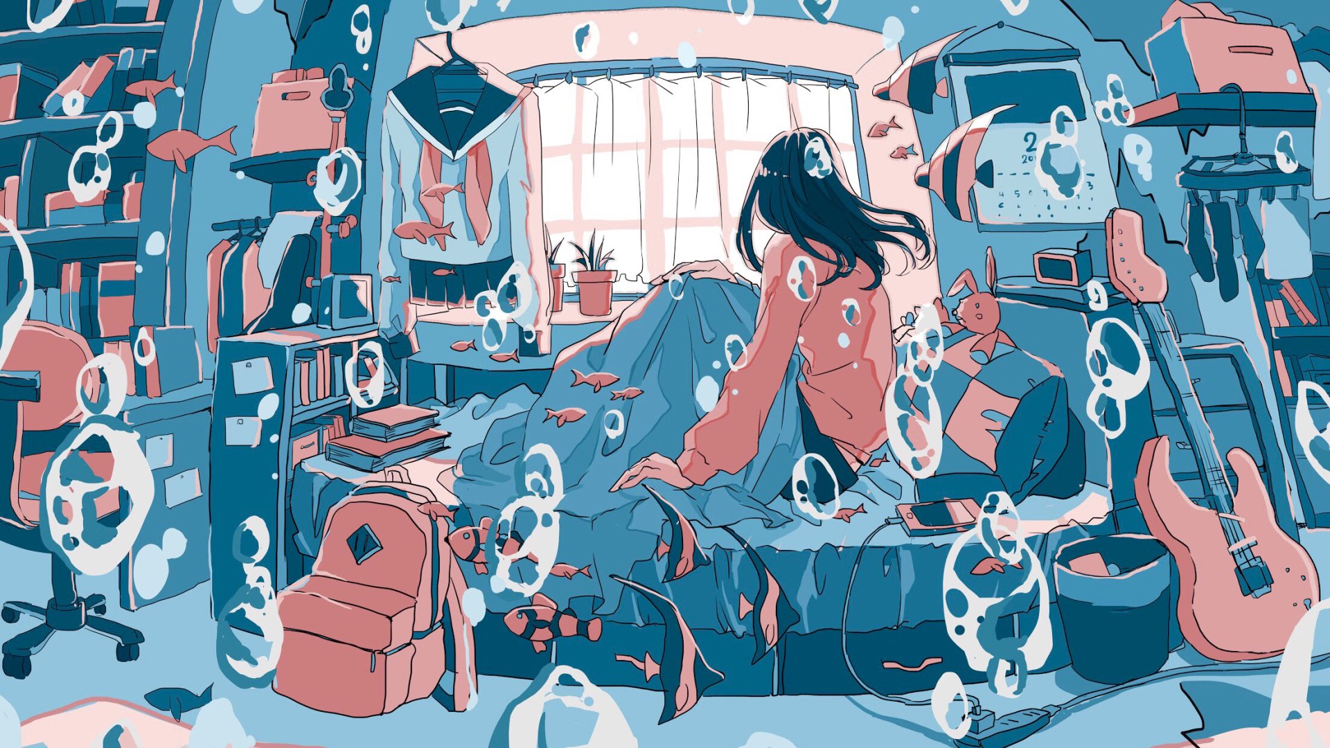 A serene anime-style wallpaper featuring a girl sitting on her bed in an underwater-themed room, surrounded by fish and bubbles, creating a dreamy and imaginative ambiance.