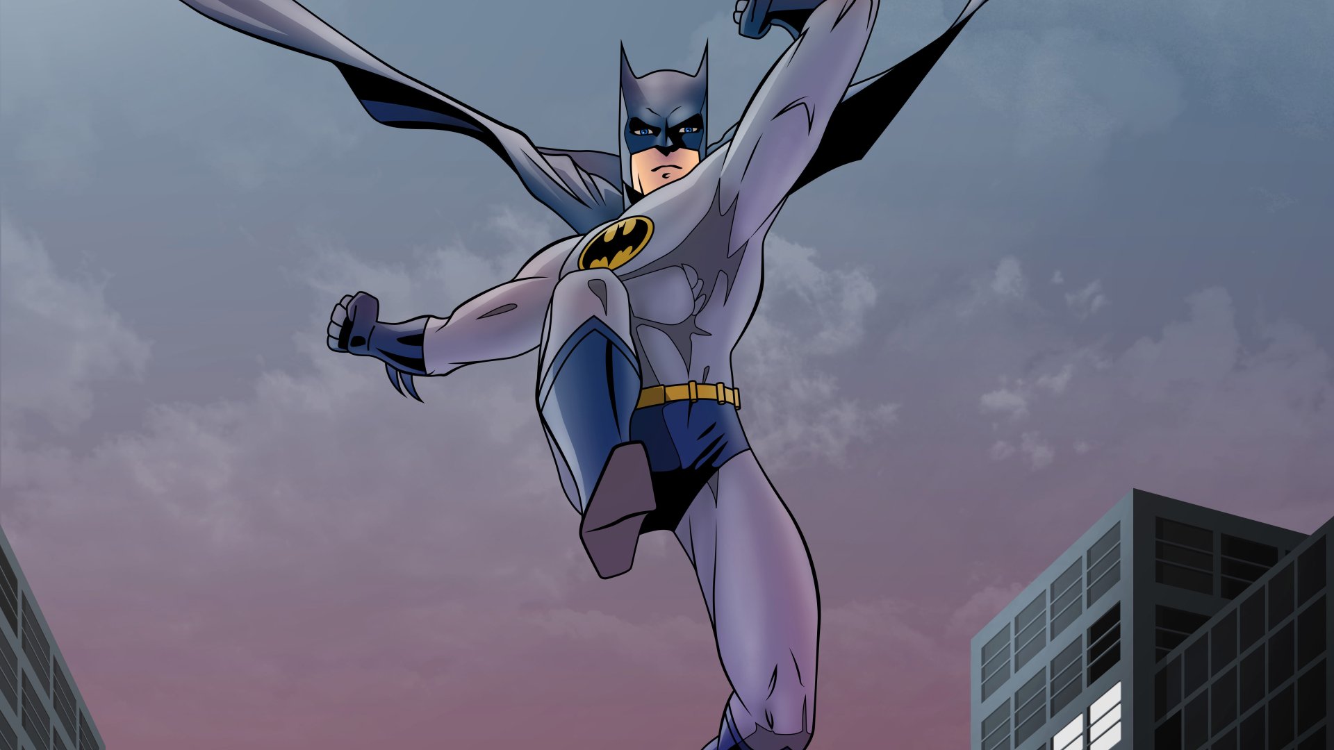Comic-style Batman leaping over a Gotham rooftop at dusk — DC Comics 5K Ultra HD PC desktop wallpaper/background.