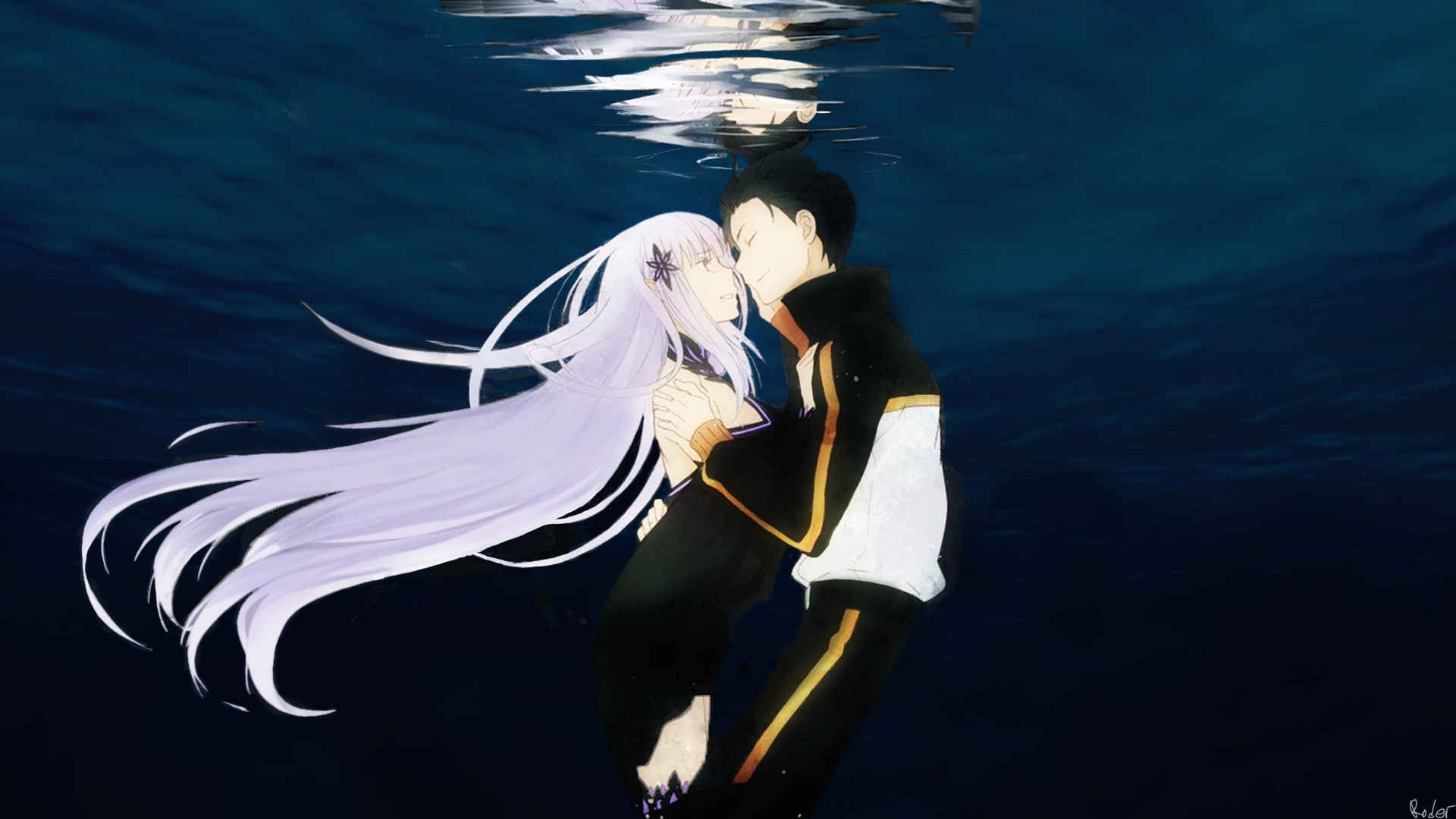 HD anime desktop wallpaper featuring Subaru Natsuki and Satella from Re:Zero - Starting Life in Another World, immersed in a serene underwater scene.