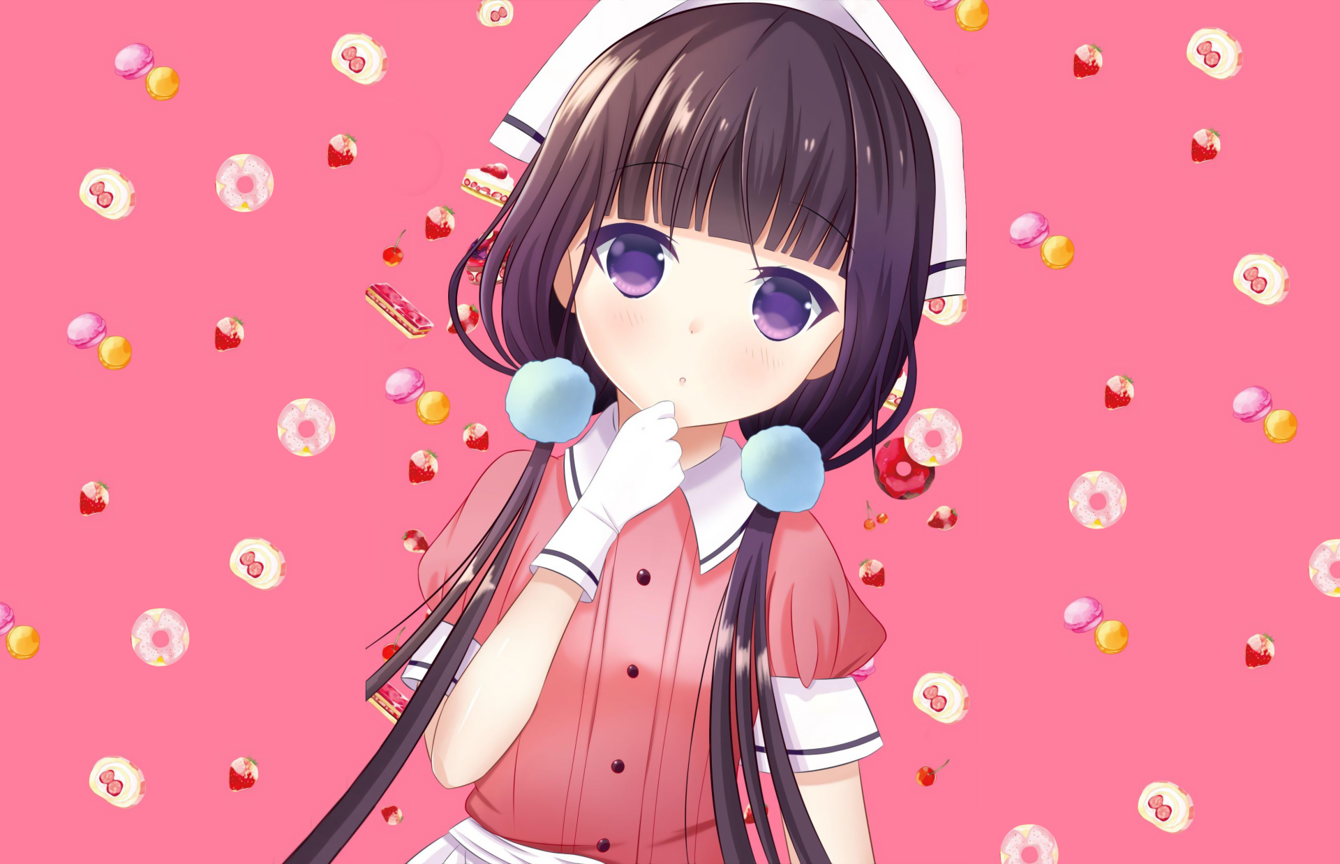 4K Ultra HD anime wallpaper featuring Maika Sakuranomiya from Blend S against a vibrant pink background with scattered flower and candy motifs.