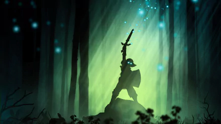 HD PC desktop wallpaper featuring Link from The Legend of Zelda, standing heroically in a glowing, mystical forest with his sword raised toward the light.