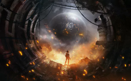 A stunning HD sci-fi wallpaper featuring an astronaut silhouetted against a distant planet, surrounded by sparks and debris, evoking a sense of exploration and adventure.
