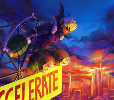 Anime HD PC desktop wallpaper/background of Katsuki Bakugou (My Hero Academia) crouching in explosive gauntlets over a glowing sunset cityscape.