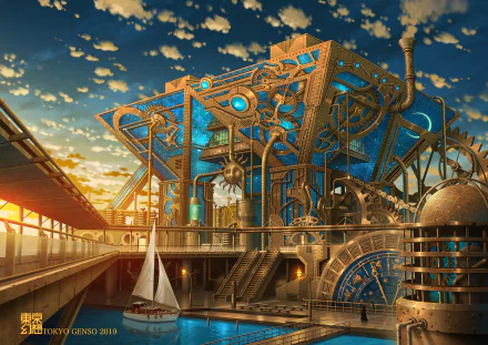 HD anime steampunk desktop wallpaper featuring intricate bronze gears and machinery against a vibrant sunset sky with a small sailboat on a reflective water surface.