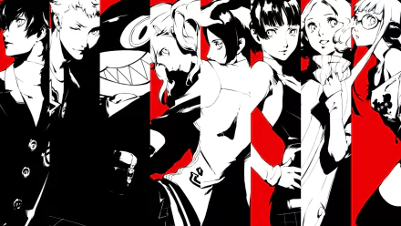 Persona 5 HD desktop wallpaper featuring Ryuji Sakamoto, Joker, Morgana, Ann Takamaki, Yusuke Kitagawa, Makoto Niijima, Haru Okumura, and Futaba Sakura in a striking red, black, and white color scheme.
